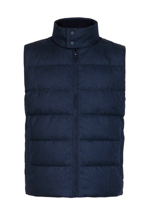 Granatowa pikowana kamizelka z wysokim kołnierzem, zamkiem błyskawicznym z przodu i zatrzaskami. Wykonana z teksturowanego materiału z pikowanym wzorem.