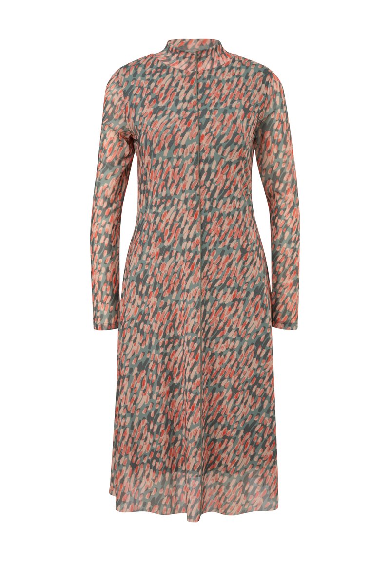 Langärmliges Kleid aus transparentem Stoff mit einem abstrakten Muster aus Orange, Pink und Grün. Mit einem hohen Kragen und geradem Schnitt.