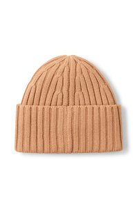 Knit beanie in light beige with ribbed texture and cable knit patterns. Rounded top and folded cuff for adjustable fit.