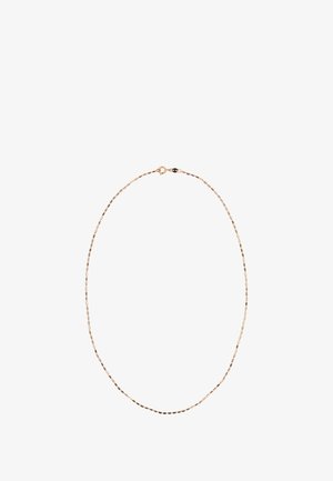 Roségold-Halskette mit einer zarten, dünnen Kette, die ein ovales Glieddesign und einen einfachen Verschluss aufweist. Glatte Textur mit glänzender Oberfläche.