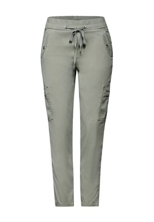 Light green cargo pants with an elastic waistband, drawstring, and two side pockets. Material features a smooth texture and fitted design.