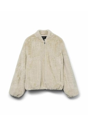 Beige nepbont zip-up jack met lange mouwen en elastische manchetten, ontworpen voor warmte en casual gebruik.