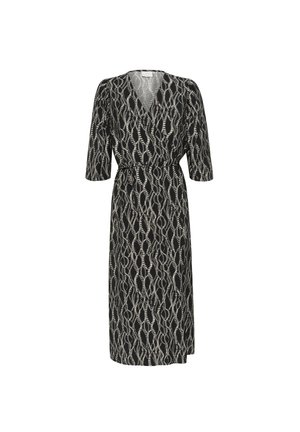 Robe portefeuille en noir et blanc avec un motif géométrique. Elle présente des manches courtes, un décolleté en V et une taille à nouer pour un ajustement réglable. Tissu doux et léger.