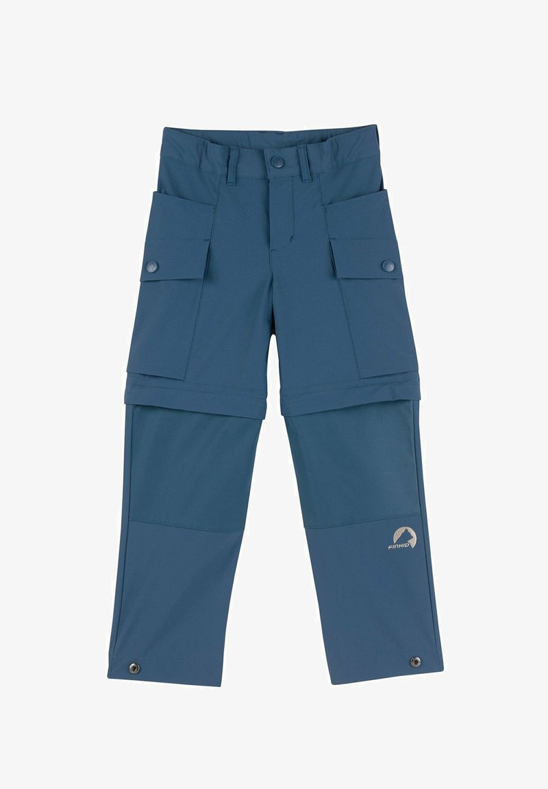 Pantalon cargo bleu convertible pour enfants avec poches à pression, bas de jambe ajustables et jambes inférieures amovibles zippées pour une option short.