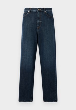 Dark blue straight-leg jeans made from denim, featuring a classic five-pocket design, stitched detailing, and a button closure at the waist.