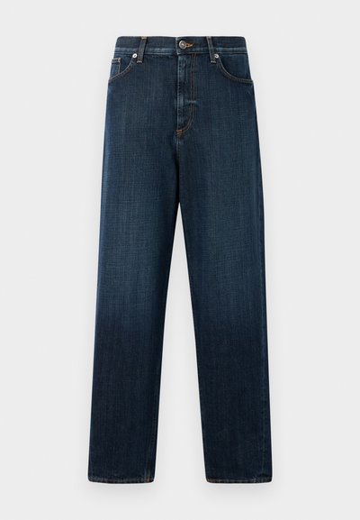 Jeans dritti di colore blu scuro realizzati in denim, con un classico design a cinque tasche, dettagli cuciti e chiusura a bottone in vita.