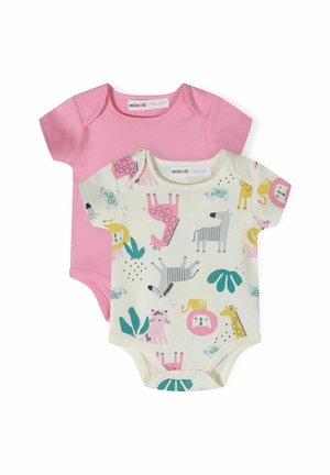 Two baby bodysuits: one pink and one cream with colorful animal prints. Both feature short sleeves and snap closures at the bottom.