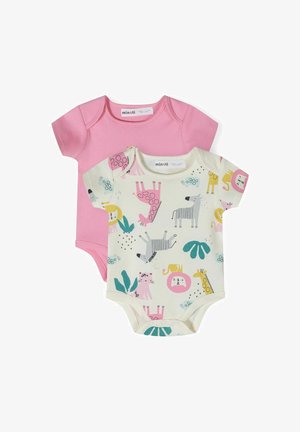 Dos bodies para bebés: uno rosa y uno color crema con impresiones de animales coloridos. Ambos tienen mangas cortas y cierres a presión en la parte inferior.