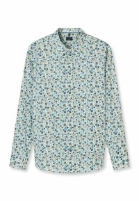 Hemd mit floralem Muster in Hellblau, mit langen Ärmeln und einem Hemdkragen mit Knöpfen. Das Design umfasst verschiedene Blau- und Brauntöne bei den Blumen.