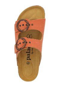 Oranje stoffen slidesandaal met twee verstelbare banden, voorzien van ronde houten gespen. Zachte tan voetbed met een logo-afdruk.