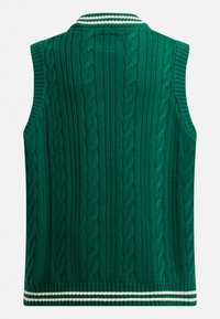Grüner gestrickter ärmelloser Pullover mit Kabelmustern, geripptem Textur und einem kragen mit weißen Streifen. Einfarbige Rückseite ohne weitere Details.