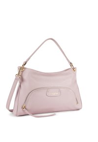 Borsa a tracolla in pelle rosa chiaro con texture liscia, dotata di manico superiore e tracolla regolabile, accessori in oro e tasca frontale con zip.