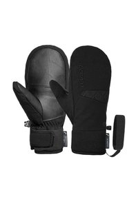 Schwarze Handschuhe mit einer Lederhandfläche und einem Körper aus synthetischem Gewebe. Ausgestattet mit einem verstellbaren Handgelenkband und Akzenten im Rautenmuster.
