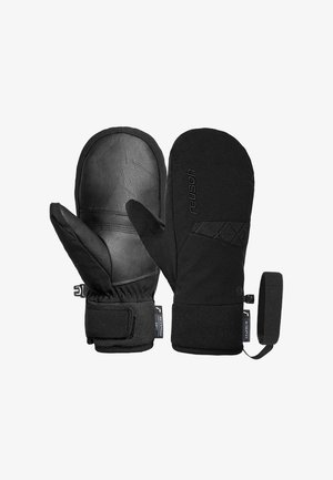 Schwarze Handschuhe mit einer Lederhandfläche und einem Körper aus synthetischem Gewebe. Ausgestattet mit einem verstellbaren Handgelenkband und Akzenten im Rautenmuster.