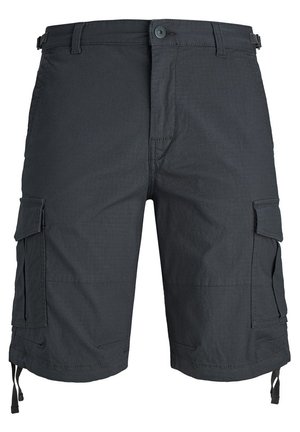 Ciemnoszare szorty cargo wykonane z lekkiego materiału, wyposażone w liczne boczne kieszenie, szlufki na pasek oraz regulowane sznurki u dołu nogawek.