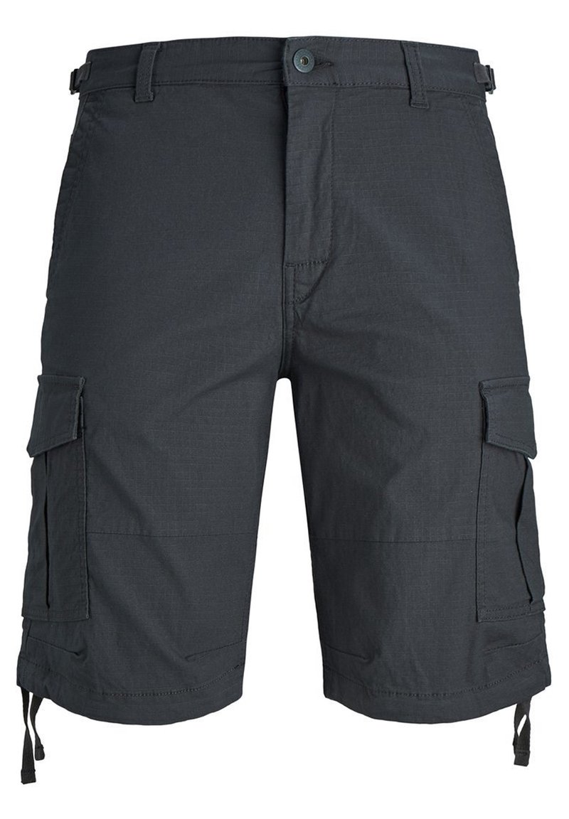 Shorts cargo gris foncé en tissu léger, dotés de multiples poches latérales, passants pour ceinture et cordons de serrage ajustables à l'ourlet.