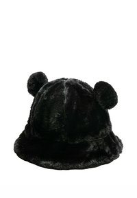 Sombrero de cubo negro de piel sintética con pompones redondeados en forma de orejas en la parte superior, textura suave y ala ancha.