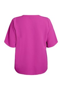 Magenta solid color blouse with a relaxed fit, round neckline, and short sleeves. Textured fabric with a smooth finish.