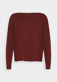 Burgunderfarbener Strickpullover mit weitem Ausschnitt, langen Ärmeln und gerippten Bündchen. Die Textur ist weich mit einem leichten Glanz und minimalen Details.