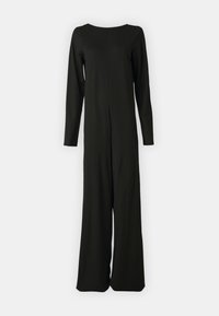 Musta jumpsuit pehmest kangast, millel on pikad varrukad, sirge lõige ja ümmargune kaelus. Minimalistlik disain ilma nähtavate detailideta.