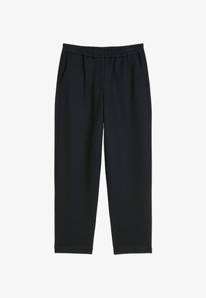 Mørkeblå bukser med elastisk midjebånd, knappestenging, flere lommer, rette ben og glatt stoffstruktur.