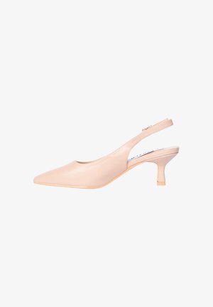 Décolleté slingback beige con punta affusolata, tacco kitten basso e tomaia in pelle liscia, adatta per abbigliamento formale o professionale.