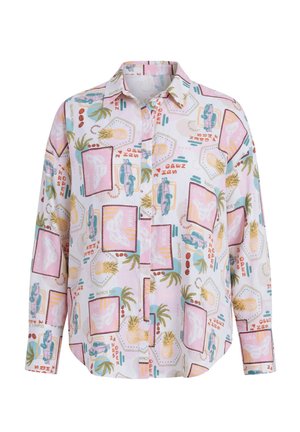 Overhemd met lange mouwen en knopen, bedrukt met patronen van roze, turquoise en beige vintage auto's, vlinders, ananassen en palmbomen op witte stof.