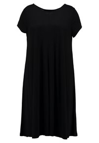 Czarna sukienka tunika wykonana z miękkiego materiału, charakteryzująca się luźnym krojem, krótkimi rękawami, okrągłym dekoltem oraz bocznymi rozcięciami dla wygody ruchu.