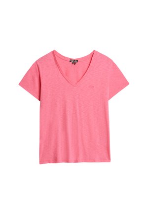 T-shirt z krótkim rękawem w kolorze jaskrawym różu, wykonany z miękkiego, teksturowanego materiału z subtelnym logo na klatce piersiowej.