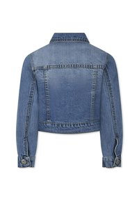 Denim jacket, lichtblauwe kleur, cropped ontwerp, lange mouwen, knoopsluiting bij de manchetten, traditionele kraag, gestikte details op de schouders en rug.