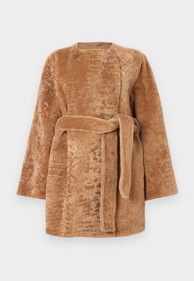 Belted coat in soft, textured brown fabric. Features a collarless design, two front buttons, and wide sleeves.