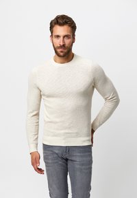 Helle beige Crew-Neck-Pullover, strukturierter Stoff, lange Ärmel, taillierter Schnitt, kombiniert mit hellgrauen Jeans. Minimalistischer Stil ohne sichtbare Muster.
