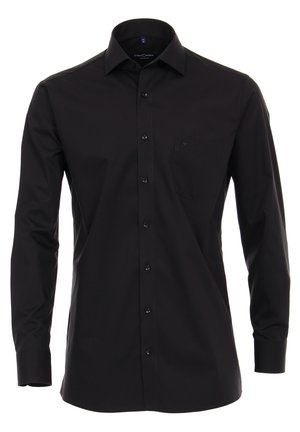 Zwarte langemouwen shirt gemaakt van soepele stof, met een button-down kraag, een voorzak en een reguliere pasvorm. Zwarte knopen complementeren het ontwerp.