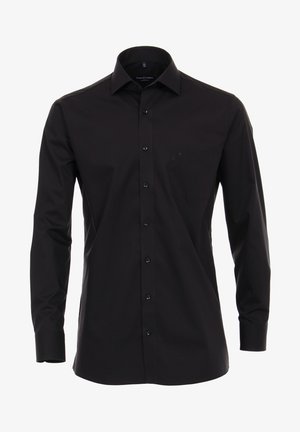 Zwarte langemouwen shirt gemaakt van soepele stof, met een button-down kraag, een voorzak en een reguliere pasvorm. Zwarte knopen complementeren het ontwerp.