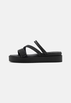 Black platform sandals with textured straps, smooth sole, and a contoured footbed. Features two narrow and one wide strap design.