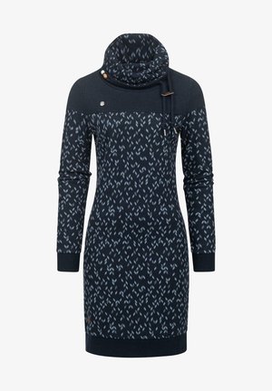 Navy blue dress with a cowl neck, featuring a geometric pattern in light blue. Long sleeves and dark blue cuffs at the sleeves and hem.