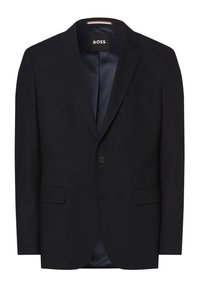 Navy blazer made from textured fabric. Features notch lapels, a single button closure, two front pockets, and a smooth inner lining.