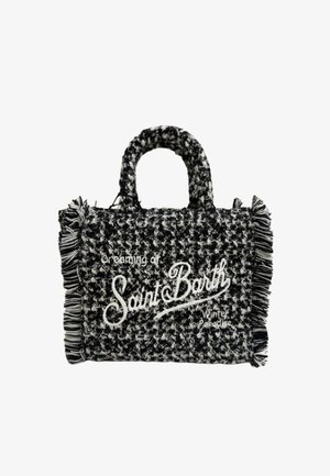 Borsa a tracolla in bianco e nero con orlo frangiato, con il testo "sognando Saint Barth" e "Paradiso Invernale" in design corsivo.