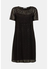 Robe noire à manches courtes avec partie supérieure transparente sur la poitrine et les manches, présentant de petits points texturés sur l'ensemble du tissu.