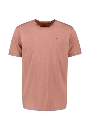 Effen stoffige rozenrode T-shirt met korte mouwen en ronde hals, voorzien van een klein geborduurd logo op de linkerborst.