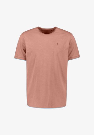 Effen stoffige rozenrode T-shirt met korte mouwen en ronde hals, voorzien van een klein geborduurd logo op de linkerborst.