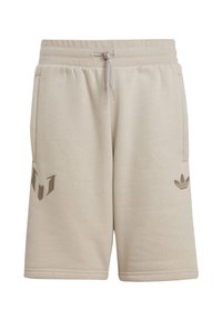 Beezid puuvillased lühikesed püksid elastse vöökoha ja paelaga, millel on tumeda pruuni logodetail vasakul jalal ja väike adidas'i embleem.