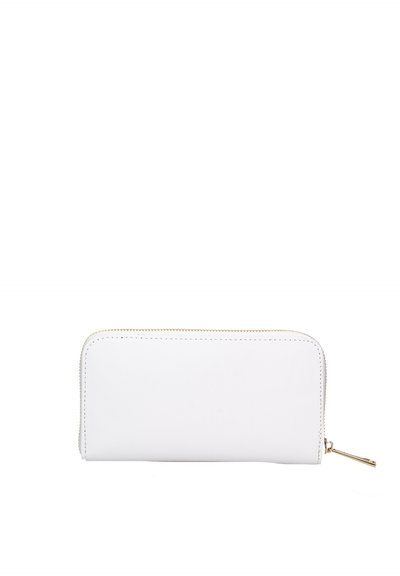 Portefeuille rectangulaire blanc aux bords arrondis avec une tirette de fermeture éclair dorée sur le côté droit, sur un fond blanc.