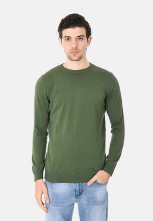Giovane uomo che indossa un maglione verde oliva a maniche lunghe e semplici, con jeans blu chiaro, in piedi con una mano in tasca davanti a uno sfondo bianco.
