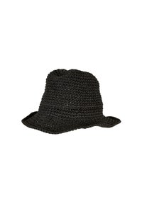Svart vevd hatt med fleksibel brem, som har et teksturert design og en lett rundet krone. Passer til uformell bruk.