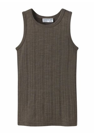 Mouwloos geribd tanktop in olijfgroen met een ronde halslijn en een zichtbaar merklapje aan de binnenkant van de kraag.