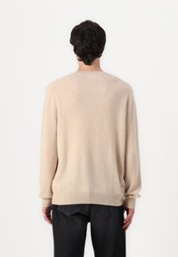 Beige strikkegenser med myk tekstur, rund hals og lange ermer. Ribbestrikkede mansjetter og nederkant gir detaljer. Brukt over mørke jeans.