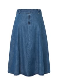 Blaues Denim A-Linien-Rock mit einem Reißverschluss hinten und Gürtelschlaufen, knielang und mit leichtem Ausstellen am Saum.