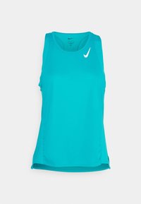 Débardeur Nike turquoise avec encolure ras du cou, dos nageur et logo blanc en haut à gauche. Tissu doux et léger.