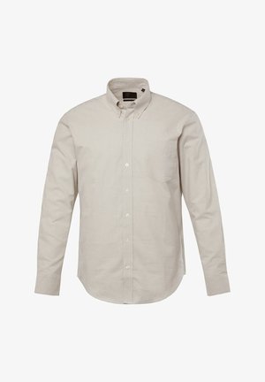 Helle beige Hemdbluse mit dünnen vertikalen Streifen, langen Ärmeln, einer Brusttasche und einem klassischen Kragen. Glatte Stofftextur.